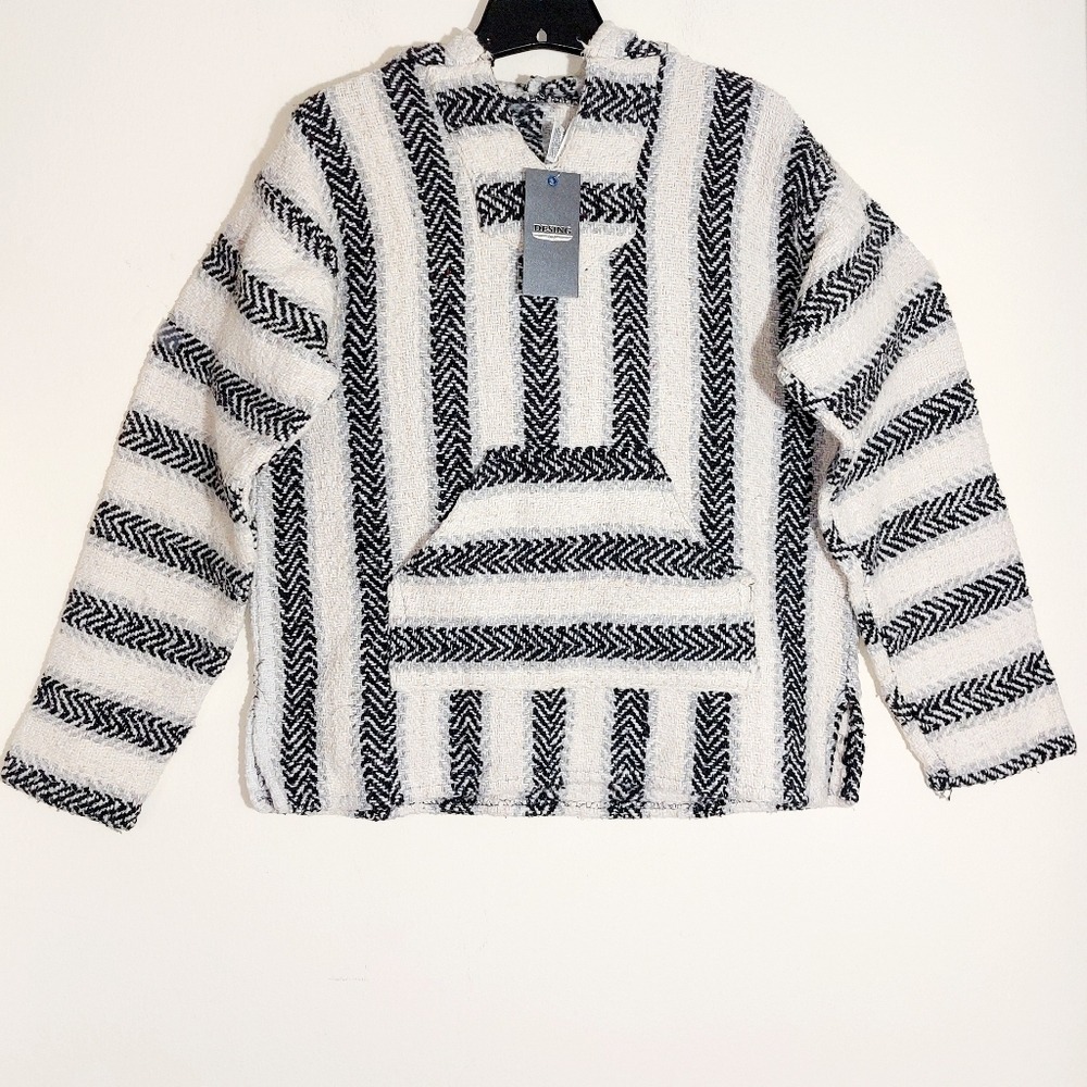 NWT Desing Baja Style Striped Hoodie Sweater Cream Black Festival Size M Poncho - Picture 4 of 12